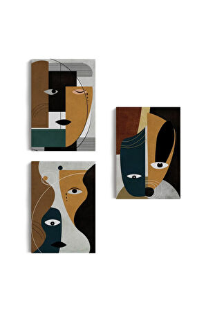 Gerçeküstü Soyut Yüzler Dekoratif Duvar Tablosu Üçlü Set-do-91