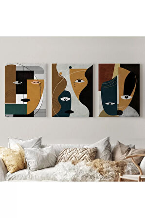 Gerçeküstü Soyut Yüzler Dekoratif Duvar Tablosu Üçlü Set-do-91