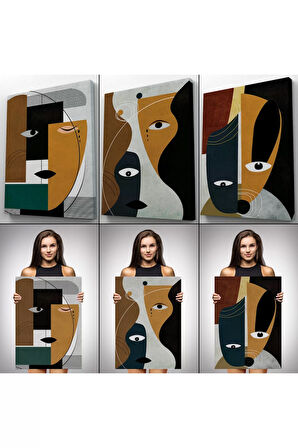 Gerçeküstü Soyut Yüzler Dekoratif Duvar Tablosu Üçlü Set-do-91