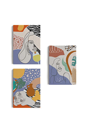 Zarif Kadın Fifürü Ve Yapraklar Temalı Dekoratif Duvar Tablosu Üçlü Set-du-98