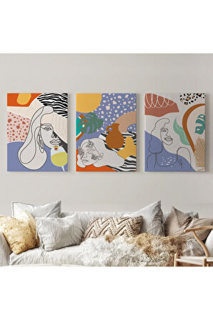 Zarif Kadın Fifürü Ve Yapraklar Temalı Dekoratif Duvar Tablosu Üçlü Set-du-98