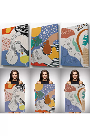 Zarif Kadın Fifürü Ve Yapraklar Temalı Dekoratif Duvar Tablosu Üçlü Set-du-98