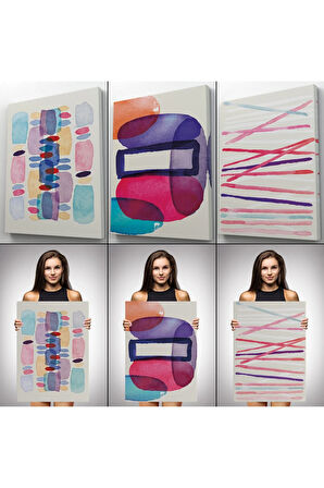 Suluboya Görünümlü Soyut Desenler  Duvar Tablosu Üçlü Set-dü-99