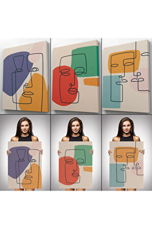 Gerçeküstü Soyut Yüzler Dekoratif Duvar Tablosu Üçlü Set-ea-100