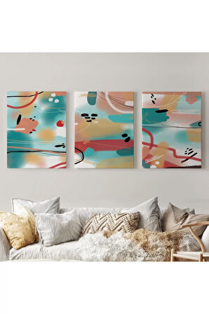 Suluboya Görünümlü Soyut Desenler  Duvar Tablosu Üçlü Set-ee-104