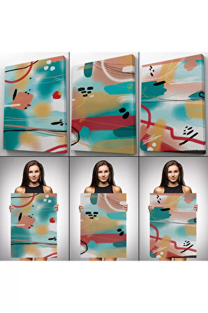 Suluboya Görünümlü Soyut Desenler  Duvar Tablosu Üçlü Set-ee-104
