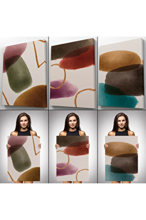 Suluboya Görünümlü Soyut Desenler  Duvar Tablosu Üçlü Set-eg-106