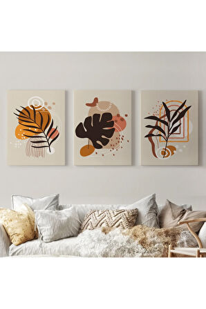 Yaprak Desenli Soyut Dekoratif Duvar Tablosu Üçlü Set-eh-107
