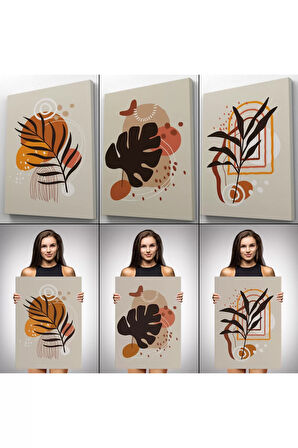 Yaprak Desenli Soyut Dekoratif Duvar Tablosu Üçlü Set-eh-107