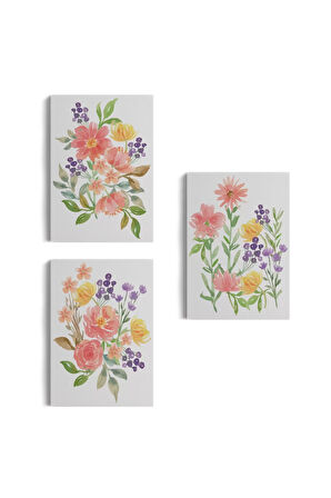 Renkli Çiçekler Suluboya Görünümlü Dekoratif Duvar Tablosu Üçlü Set-eı-108