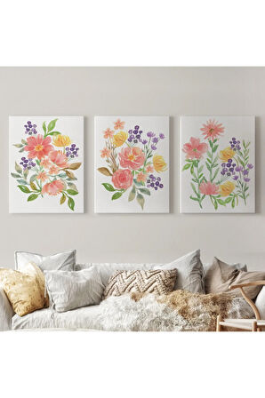 Renkli Çiçekler Suluboya Görünümlü Dekoratif Duvar Tablosu Üçlü Set-eı-108