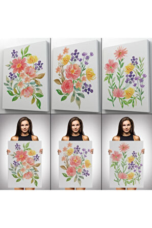 Renkli Çiçekler Suluboya Görünümlü Dekoratif Duvar Tablosu Üçlü Set-eı-108