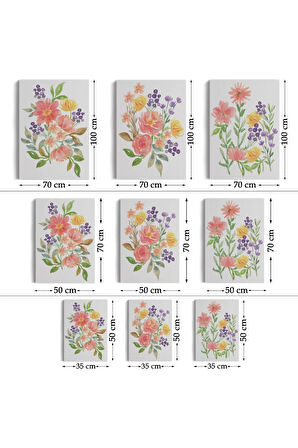 Renkli Çiçekler Suluboya Görünümlü Dekoratif Duvar Tablosu Üçlü Set-eı-108