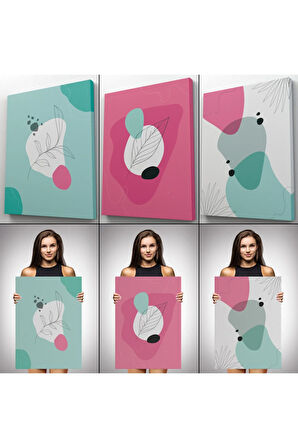 Yaprak Desenli Soyut Dekoratif Duvar Tablosu Üçlü Set-el-111