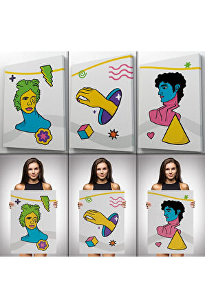 Pop Art Renkli Dekoratif Duvar Tablosu Üçlü Set-es-117
