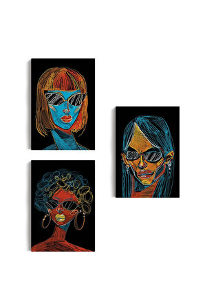 Renkli Pop Art Kadınlar Dekoratif Duvar Tablosu Üçlü Set-eu-120