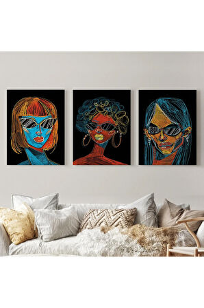 Renkli Pop Art Kadınlar Dekoratif Duvar Tablosu Üçlü Set-eu-120