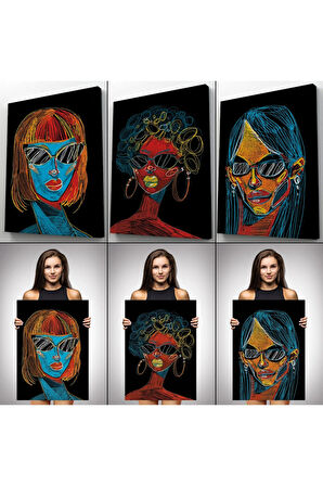 Renkli Pop Art Kadınlar Dekoratif Duvar Tablosu Üçlü Set-eu-120