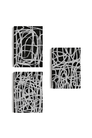 Siyah Zemin Üzerine Beyaz Şekiller Dekoratif Duvar Tablosu Üçlü Set-eü-121