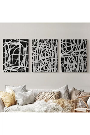 Siyah Zemin Üzerine Beyaz Şekiller Dekoratif Duvar Tablosu Üçlü Set-eü-121
