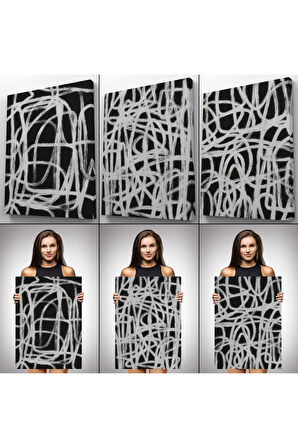 Siyah Zemin Üzerine Beyaz Şekiller Dekoratif Duvar Tablosu Üçlü Set-eü-121