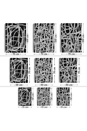 Siyah Zemin Üzerine Beyaz Şekiller Dekoratif Duvar Tablosu Üçlü Set-eü-121