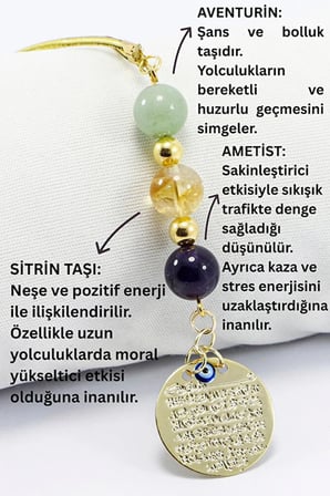 Metal Gold Renkli Ayetel Kürsi Dualı Araba Dikiz Ayna Süsü, Doğaltaş Ametist, Sitrin Taşı, Aventurin