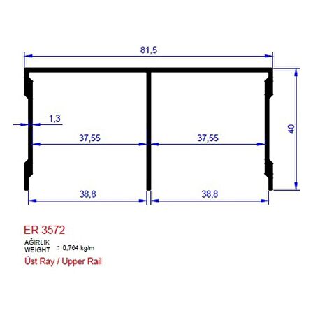 Ray Profili Sürme Kapak Üst ER 3572 Eloksal Mat 2,5 metre