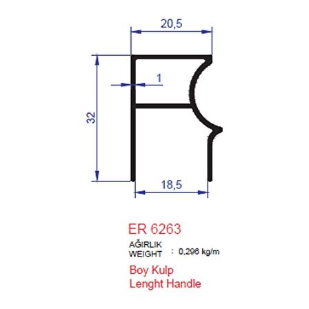 Boy Kulp Profili ER 6263 Inox Parlak 2 metre