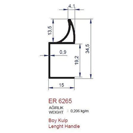 Boy Kulp Profili ER 6265 Eloksal Parlak 2 metre