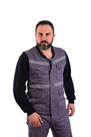 ESER - V Yaka Gabardin Yelek - İş Yeleği - Gri