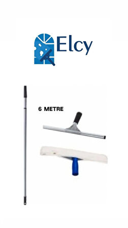 ELCY Cam Temizlik Seti 6 Metre Teleskopik Uzayabilen Metal Sap 35 Cm Cam Peluş Ve Cam Çekçeği