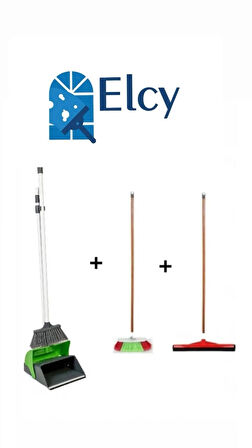 ELCY 3’lü Temizlik Seti Ahşap Saplı Fırça Çekpas Çekçek Lüks Katlanabilir Faraş