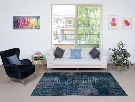 152x245 cm El Yapımı Patchwork Halı, Modern Lacivert ve Mavi tonlarda Yünlü Halı
