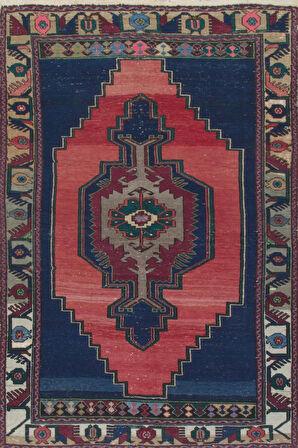 134x222 cm Eski El Yapımı Türk Halısı. Lacivert, Kırmızı, Yeşil Gri