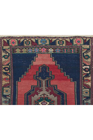 134x222 cm Eski El Yapımı Türk Halısı. Lacivert, Kırmızı, Yeşil Gri