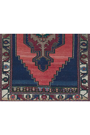 134x222 cm Eski El Yapımı Türk Halısı. Lacivert, Kırmızı, Yeşil Gri
