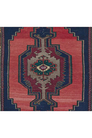 134x222 cm Eski El Yapımı Türk Halısı. Lacivert, Kırmızı, Yeşil Gri