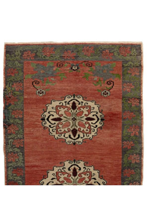 138x281 cm Eski Karapınar Yolluk, Soft Kırmızı, Yeşil, Bej ve Gri Renklerde, %100 Yün