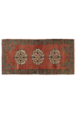 138x281 cm Eski Karapınar Yolluk, Soft Kırmızı, Yeşil, Bej ve Gri Renklerde, %100 Yün