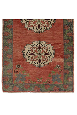 138x281 cm Eski Karapınar Yolluk, Soft Kırmızı, Yeşil, Bej ve Gri Renklerde, %100 Yün