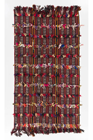 142x253 cm Renkli Ponponlu Kilim, Eski Dekoratif Halı