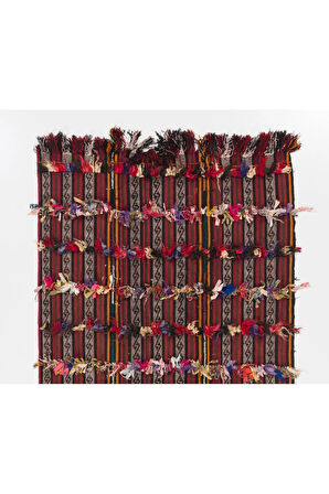 142x253 cm Renkli Ponponlu Kilim, Eski Dekoratif Halı