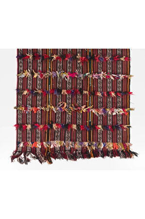 142x253 cm Renkli Ponponlu Kilim, Eski Dekoratif Halı