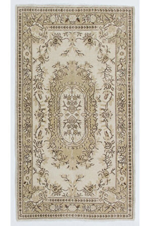 120x215 cm Nötr Renklerde Eski Fransız Aubusson Desenli El Düğümlü Halı, El Dokuma Yünlü Halı