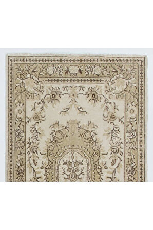 120x215 cm Nötr Renklerde Eski Fransız Aubusson Desenli El Düğümlü Halı, El Dokuma Yünlü Halı