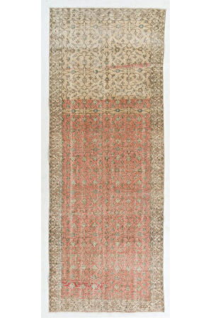 146x388 cm Eski El Yapımı Anadolu Yolluk Uzun Halı - Soluk Kırmızı ve Bej Renkler