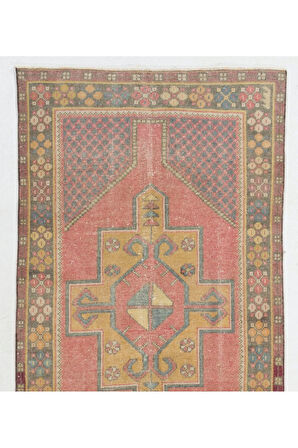 110x263 cm Eski El Yapımı Türk Köy Halısı, Yumuşak Kırmızı, Hardal Sarısı, Yeşil, Gri