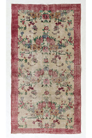 115x205 cm Kırmızı ve Fildişi Düşük Yün Tüylü Eski El Yapımı Türk Çiçek Desenli Halı