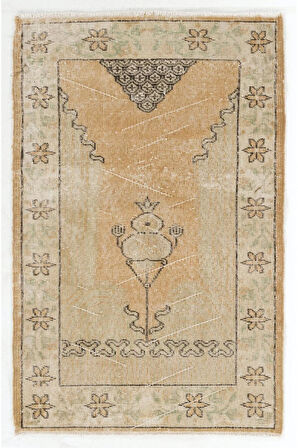 80x128 cm El Yapımı Türk işi Halı (Yastık veya Koltuk Örtüsü, Paspas), Eski El Düğümlü Bej Halı